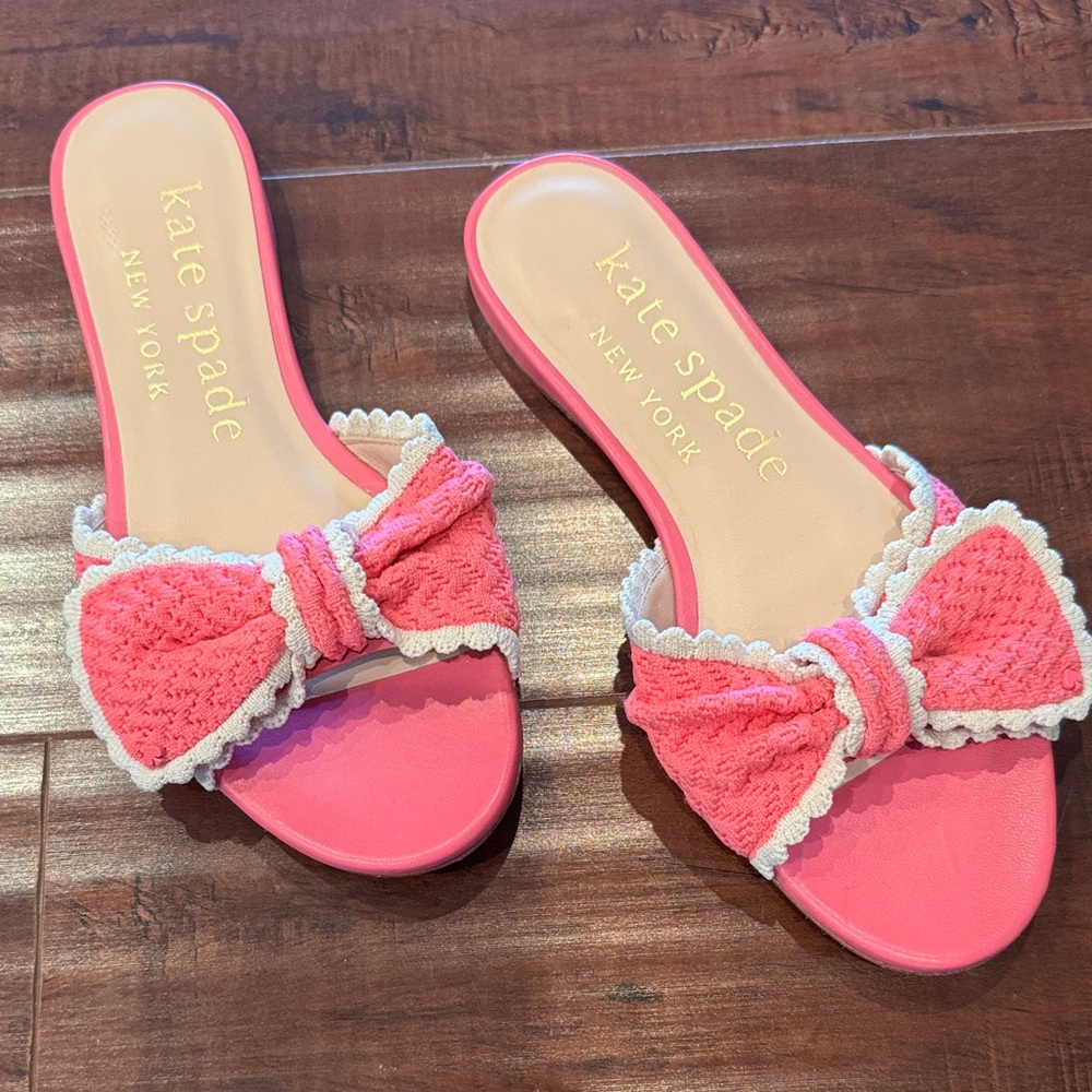 Kate Spade Tango Pink Crochet Bow Sandals Slides, Size 6.5